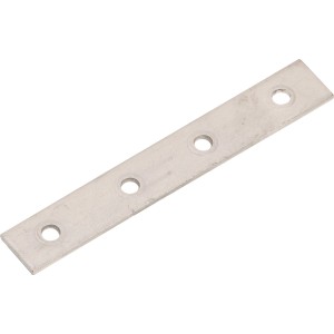 Connettore piatto in acciaio inox, 100x15 mm, con quattro fori di montaggio.