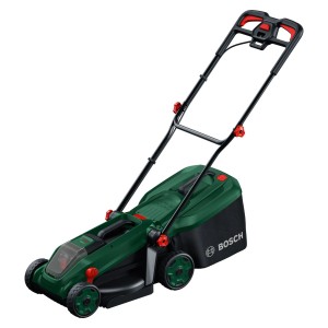 Tondeuse à batterie Bosch Rotak 18V-34 avec batterie et chargeur, vert et noir.