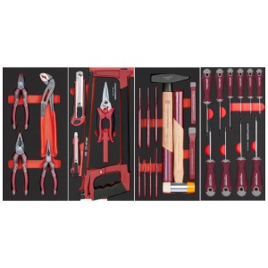 Ensemble d'outils dans le chariot d'atelier Kraftwerk BT900 Pro avec pinces, scie, marteau et tournevis.