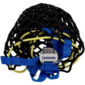 Michelin Easy Grip Evolution 11 Schneekette (2 Stk.) mit Textilnetz, blauen Gurten und gelben Verstrebungen.