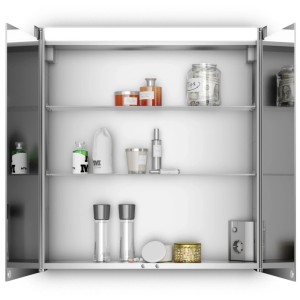 Armoire de toilette ouverte Jokey Tromsö avec deux portes miroir et étagères en verre réglables.