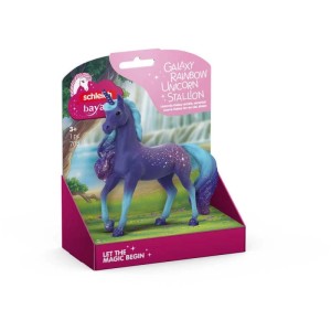 Figurine Schleich Bayala Galaxy Rainbow Unicorn Stallion avec motif étoilé, dans son emballage.