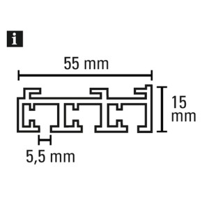 Dettaglio binario per tende Gardinia, 3 vie, bianco, con dimensioni.