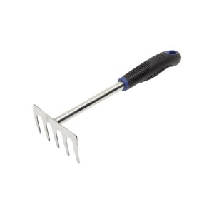 Rastrello a mano LUX Comfort in acciaio inox con manico ergonomico per giardinaggio.