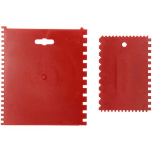 Set de 2 spatules à colle en plastique avec denture fine et grosse pour une application uniforme de la colle.