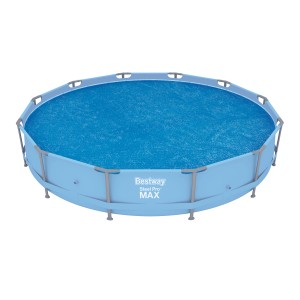Bâche solaire Bestway 366/396 cm sur piscine, bleue, pour chauffer et protéger des saletés.