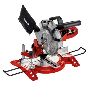 Scie à onglet Einhell TC-MS 2112 rouge avec sac à poussière et échelle angulaire.