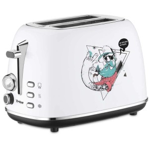 Trisa Toaster Street Art: Tostapane bianco con design graffiti colorato.