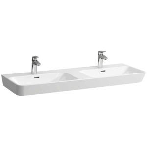 Lavabo double Laufen Moderna R, 124 cm de large, en céramique blanche avec deux trous pour robinet.