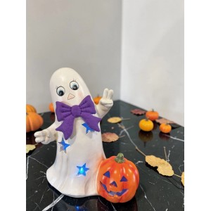 Fantasma LED di Halloween con zucca, altezza 23 cm, figura decorativa con cambio colore e timer per interni.