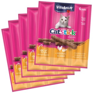 Vitakraft Cat Stick Multipack Pollame & Fegato, 5x6 pezzi. Snack per gatti extra carnosi.