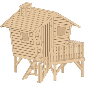 Tabaluga Maison Aventure Lotti : Cabane en bois avec escalier, terrasse et petite cheminée.