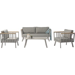Salon de jardin 4 pièces Acamp Gondola Taupe-Teak avec canapé, fauteuils et table.