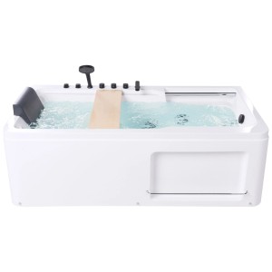 Weiße Beliani Whirlpool-Badewanne Camalu aus Acryl mit Hydromassage, schwarzer Armatur, Kopfstütze und Holztablett.