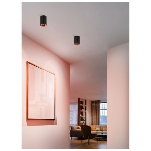 Due faretti da soffitto neri Eglo LED Carozzo-Z su un soffitto in un soggiorno.