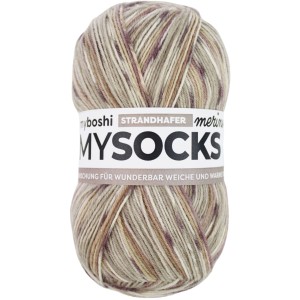 Gomitolo di lana Myboshi mysocks Merino Strandhafer, con sfumature beige, marroni e viola.