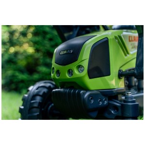 Primo piano: Trattore verde Falk Claas XL con caricatore frontale, giocattolo per bambini.