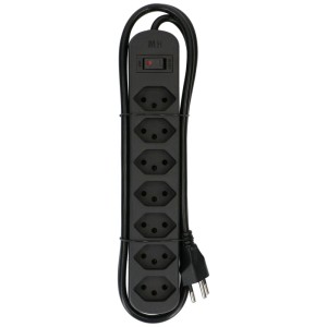 Schwarze Steckdosenleiste Basic Line mit 7 Typ13 Steckdosen und Schalter.