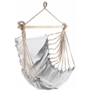 Sedia sospesa bianca in cotone (85x160 cm) con barra in legno, ideale per rilassarsi in interni ed esterni.