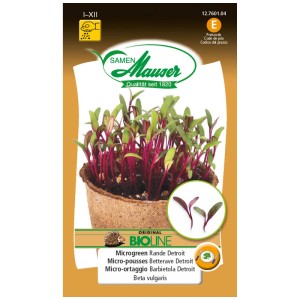 Graines Mauser Bio-Microgreen Betterave Detroit avec tiges rouges et feuilles vertes.
