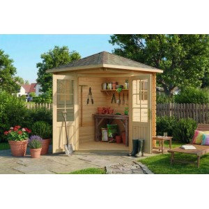 Casetta da giardino in legno Alpholz Sunny-A non trattato con tetto a punta, 225x200 cm, in giardino.