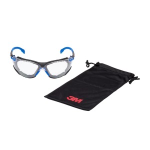 Lunettes de protection 3M Premium Solus avec verre clair et monture bleu-noir, avec sac en microfibre.