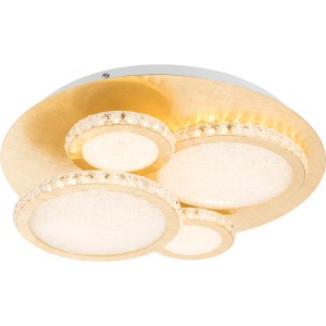Plafonnier LED moderne Tilo avec aspect feuille d'or et cristaux, diamètre 45 cm.