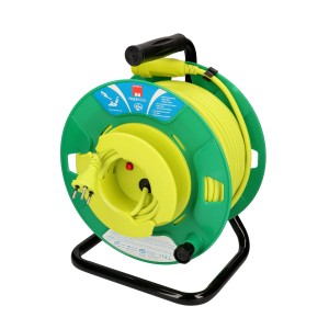 Enrouleur de câble de jardin jaune-vert type 13, 50 m, pour extérieur et tondeuses.