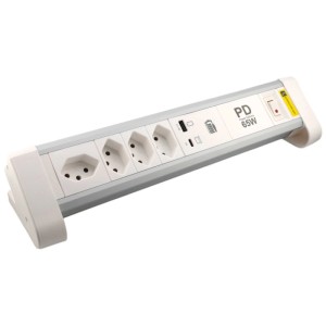 Multiprise de table Schönenberger avec 4 prises T13, USB-A et USB-C en argent blanc.
