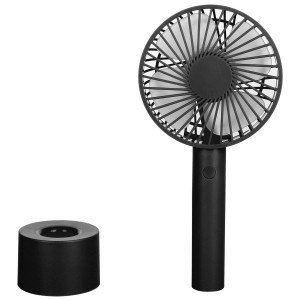 Ventilateur noir Emerio 2-en-1 à main et de table avec support.