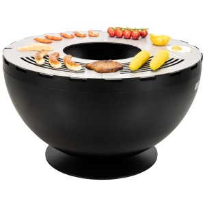 Brasero Nouvel noir en acier, rond, avec des aliments grillés sur l'étagère.