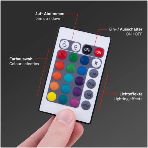Fernbedienung für Brilo B smart LED-Band zur Steuerung von Farbe, Helligkeit und Lichteffekten.