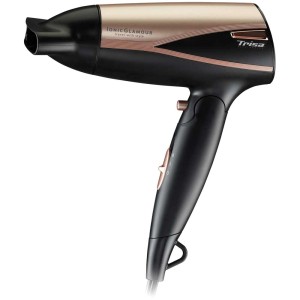 Sèche-cheveux de voyage Trisa Ionic Glamour, noir et or, 1600 W, pliable.