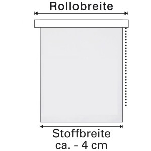 Schéma : Store enrouleur latéral Gardinia occultant gris avec dimensions du store et largeur du tissu.