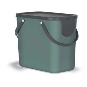 Grüner Rotho Albula Recycling Mülleimer, 25 Liter, mit Deckel und Tragegriffen.