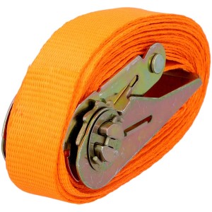 Sangle d'arrimage à cliquet Unitec orange, 5 m de long, enroulée.