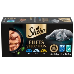 Sheba Filets Selection pâtée pour chats multipack 6x60g. Emballage avec filets en barquette et chat gris.