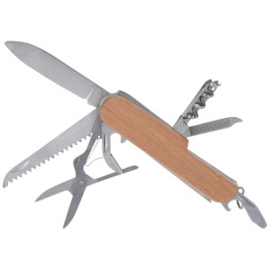 Redcliffs Taschenmesser mit hellem Holzgriff, ausgeklappten Edelstahl-Werkzeugen: Klinge, Säge, Schere, Korkenzieher.