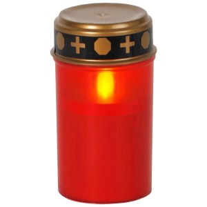 Bougie funéraire LED rouge (Ø 7,3 cm, hauteur 12 cm) avec détecteur crépusculaire pour extérieur.