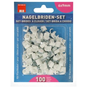 Set de brides à clous pour câbles plats, blanc, 6x9 mm, 100 pièces. Pour fixation de câbles.