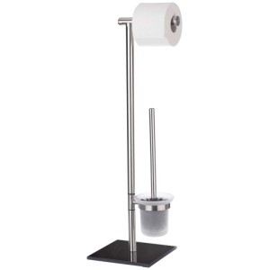 Wenko Stand-WC-Garnitur Lima aus Edelstahl mit Papier- und Bürstenhalter auf Glasboden.