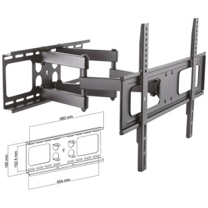 Supporto TV da parete Schwaiger Motion 5, nero, con bracci girevoli e dimensioni per accessori video.