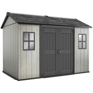 Casetta da giardino in plastica Keter Oakland 1175 SD con doppia porta e due finestre.