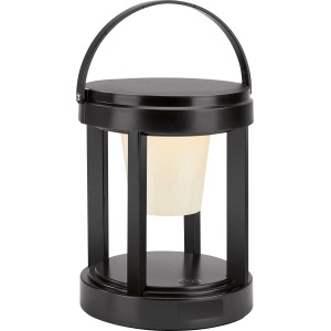 Lanterne solaire LED noire, ronde, Ø 13 cm, hauteur 18 cm, avec anse. Idéale pour jardin et balcon.