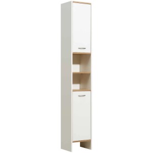 Armoire haute Pelipal Sina en blanc et chêne Riviera avec deux portes et étagères ouvertes.
