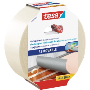 Ruban de fixation Tesa, 25m x 50mm, amovible sans résidus pour moquettes et sols PVC.