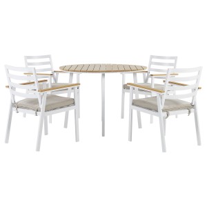 Ensemble de meubles de jardin Beliani Cavoli : 4 chaises blanches, coussins beiges et table.
