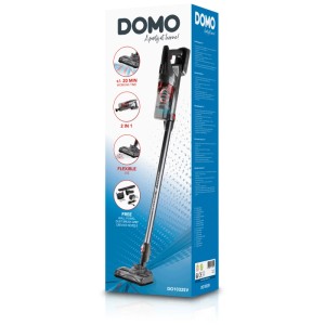 Aspirateur balai sans fil 2en1 Domo DO1032SV, noir et rouge, avec accessoires et support mural dans l'emballage.