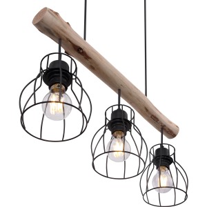 Globo Pendelleuchte Mina mit Holzbalken und 3 schwarzen Lampenschirmen.