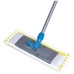 Serpillière Peggy Perfect pour pierre/carrelage avec housse microfibre blanche, rayures jaunes, joint bleu et manche télescopique.